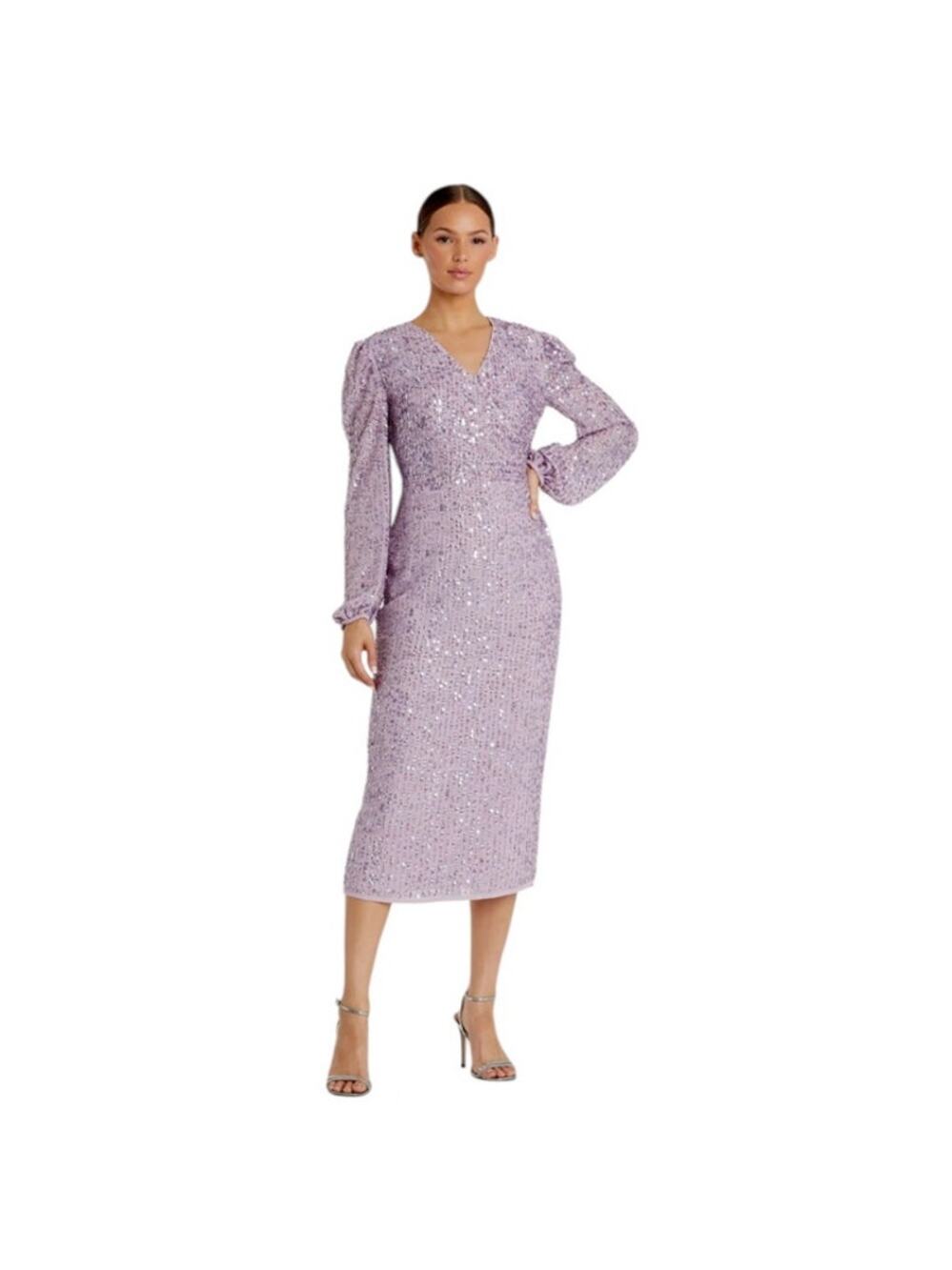 Mac Duggal Size 6 Lavender Sequined Illusion Puff Sleeve MOB MOG Midi Dress NEW